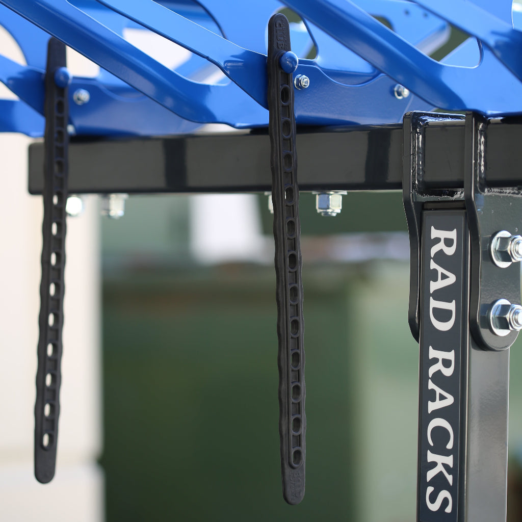 RAD RACKS bike rack, blue baskets, black bungee