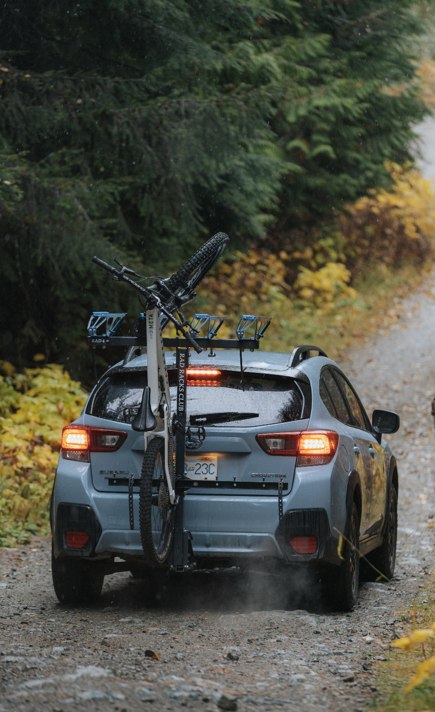 Car with bike rack on a forest road
